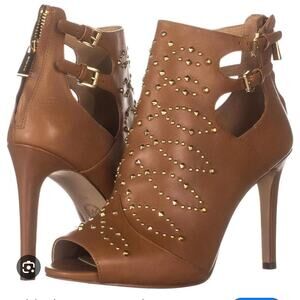 Michael Kors Studded Leather Peep Toe Booties Tan Sz 8M New